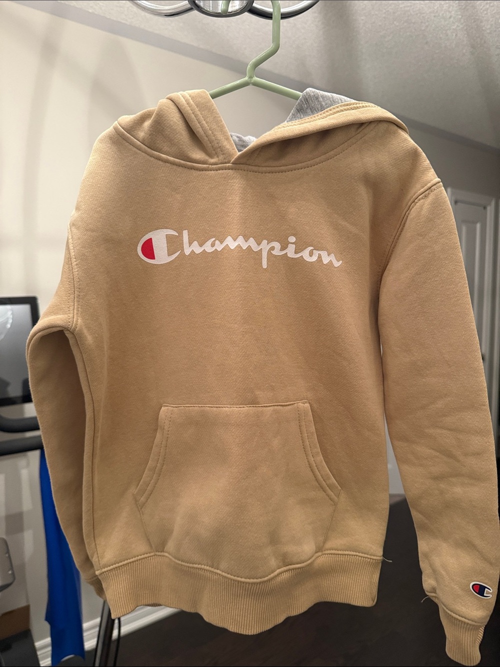 Champion Tan Pullover Hoodie with White & Red Logo